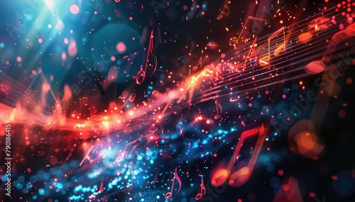 Abstract background with flying and glowing music notes in the air, copy space for text