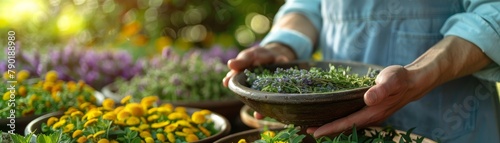 An herbalist sorting through a freshly harvested batch of medicinal herbs, quality control in a natural setting, text space on the right