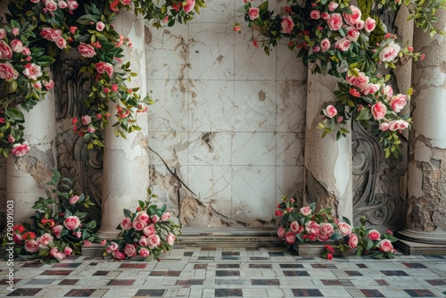 Pink roses climbing up marble columns