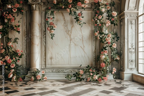 Marble wall with Corinthian pilasters, decorated with climbing pink roses