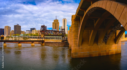 St. Paul City in Minnesota, skyline, skyscrapers, and the Robert Street Bridge over Mississippi River in the Upper Midwestern United States
