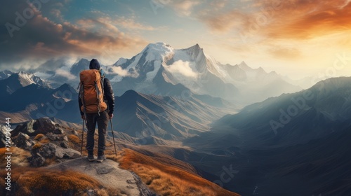 A hiker reaches the mountain peak, taking in the breathtaking view of the surrounding landscape