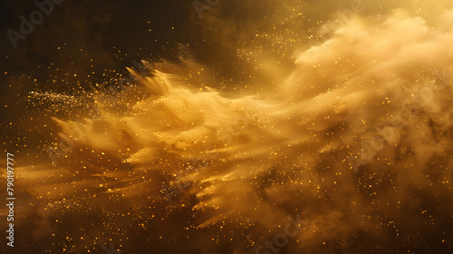 Golden sandstorm isolated on dark background. yellow sand whirl with particles and grains in the air. Desert concept for design banner