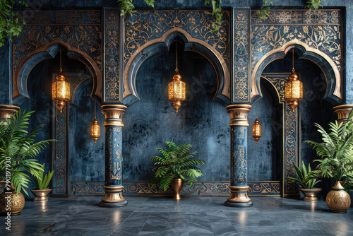  3d wallpaper, elegant blue and gold moroccan backdrop wall with curtains, arched doorways, flower garlands hanging from the ceiling. Created with Ai