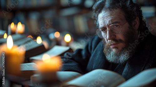 5. Torah Study: With reverence, a Rabbi studies ancient scriptures illuminated by the soft glow of candlelight. Surrounded by centuries of wisdom and tradition, the Rabbi delves de