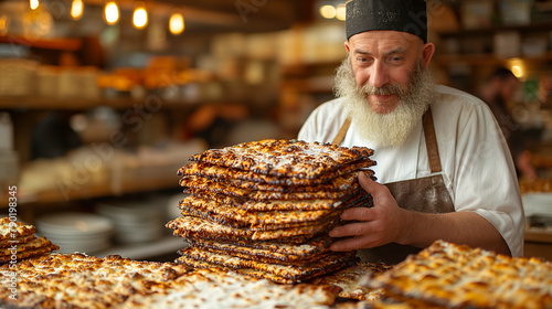 7. Matzah Baking: In a rustic bakery, a Rabbi oversees the baking of traditional matzah, the unleavened bread of Passover. Flour swirls in the air as skilled hands knead the dough