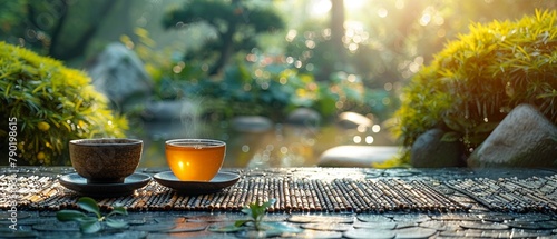 Lemongrass tea being brewed outdoors, steam rising, serene garden background