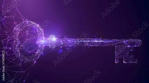 Key concept made of low poly wireframe on a purple background. Keys symbolizing solutions. access