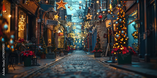 Festive city street with Christmas decorations and garlanded trees on narrow road during holiday season