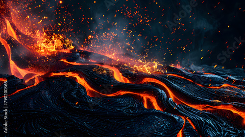 Red lava flow isolated on black background. fiery magma with sparks and smoke in the air. Fire concept for design banner