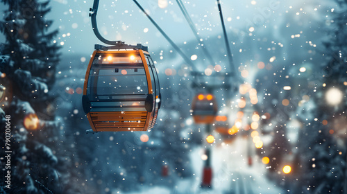 Shimmering blurred display of a winter ambience in the ski resort with ski trails and cable cars. snowfall sky. 