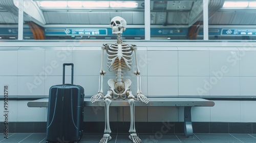 Time waste concept. Death human skeleton model on public transport station. Health care concept design.