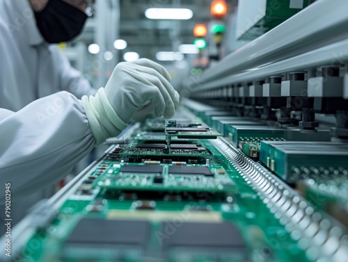 A man is working on a computer chip assembly line. Concept of precision and focus, as the worker carefully handles the delicate components