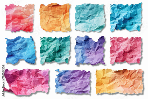 Paper tear texture, paper cut. Assorted collection of colorful crinkled paper Sheets. Notebook empty pages set, vintage rainbow pages scrapbooking elements.