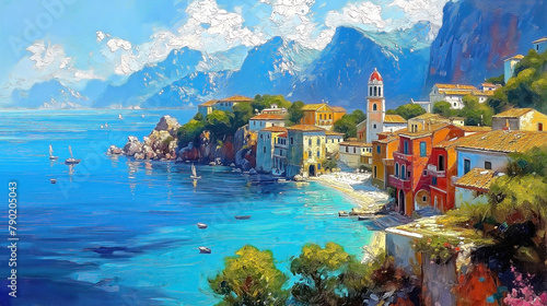 Oil painting of a small town on the Mediterranean Sea, mountains in the background, beautiful summer weather.