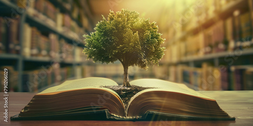 World Philosophy Day Concept A Tree of Knowledge Planted on an Opened Book in Library 