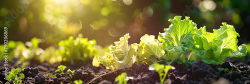Fresh Lettuce and Kohlrabi on Sunny Garden Patch for Organic Kitchen Gardening. Background for Vegetables, 
