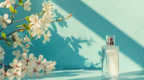 Flowers and deodorant bottle against blue backdrop