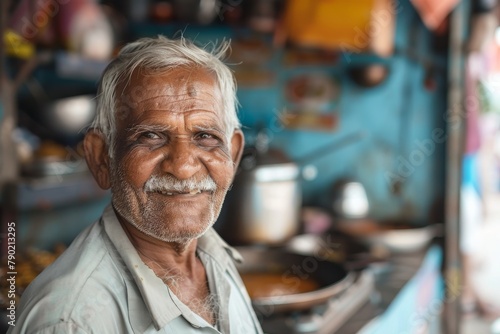 An endearing elderly man with a white mustache stands in a local food stall, his face expressing warmth and friendliness