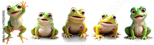 Cheerful collection of cute frog characters illustration with happy faces, isolated on transparent alpha background. Graphic resources for charming designs.