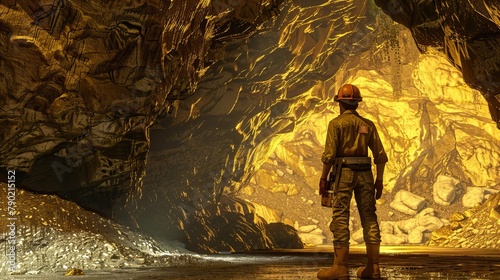 A miner stands at the entrance of a glowing cave