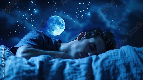 Man Lying Asleep on a Bed in the Night Sky with Moon and Stars, Blue Tones