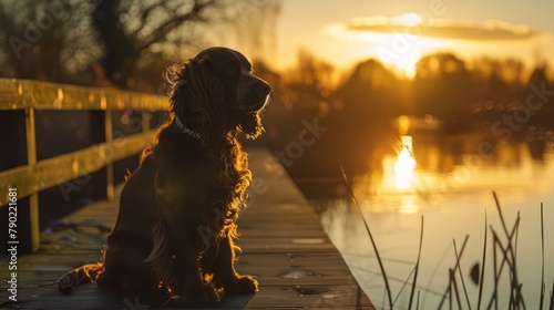 A working cocker spaniel in chocolate brown was on the boardwalk at Thursley Heath Surrey during the winter evening sunset