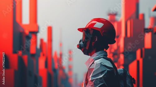 A man wearing a red hard hat and a gas mask stands in a red and gray cityscape.