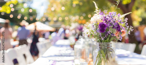 A wedding table was set with purple and white flowers in mason jars, with the focus on the center of an outdoor garden setting.