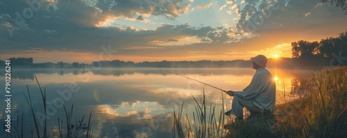 A fisherman sits on the edge of a lake and fishes at sunrise.