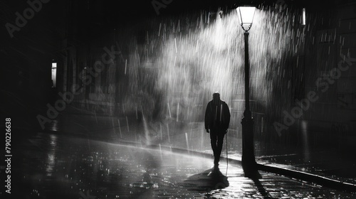 A man walks alone down a rainy street at night.