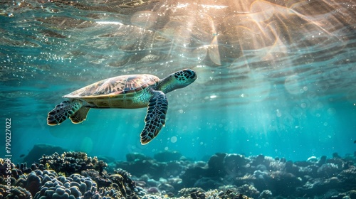 Kemps ridley sea turtle swims near coral reef in the underwater habitat