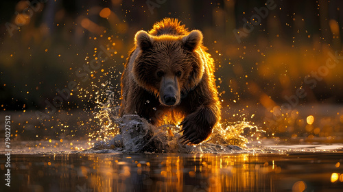 A bear catching salmon in a river, its fur wet and clinging, captured in mid-action as water splashes around it