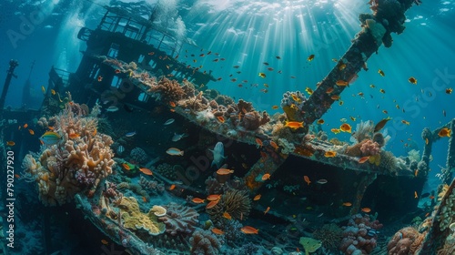 Underwater shipwreck lies among corals and marine life in the ocean