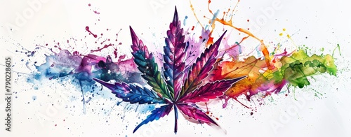 Cannabis leaf on white backdrop, spectrum of rainbow hues converging into green of marijuana plant. Recreational drug consumption, fighting taboo and stigma.