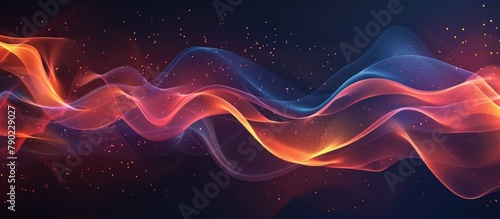 Colorful blue red waves line and particles of dust abstract on a black background