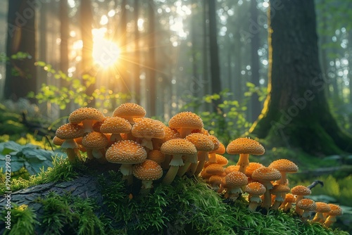 A cluster of brown and yellow mushrooms sprout near a mossy tree in a natural forest