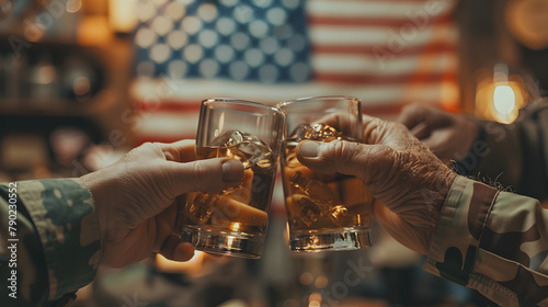 Veterans sharing a toast in honor of absent friends, a glass raised in remembrance on Memorial Day, with copy space