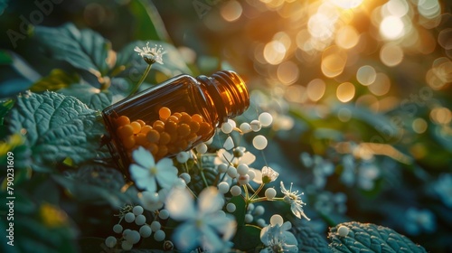 Bottles with homeopathic globules and medicine herbs on natural blurred background. Alternative medicine practices concept. Healthy life. Generative ai