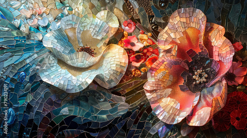 Floral mosaic art created from mother-of-pearl pieces, combining natural textures with ornate craftsmanship
