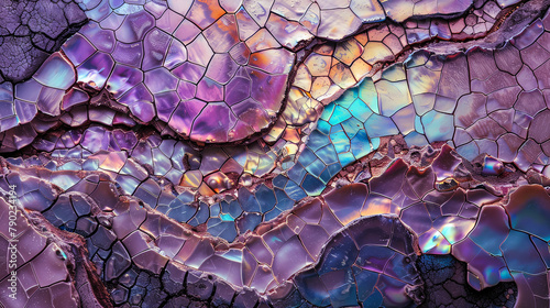 Macro view of iridescent mother-of-pearl mosaic pattern showcasing natural beauty and complex textures