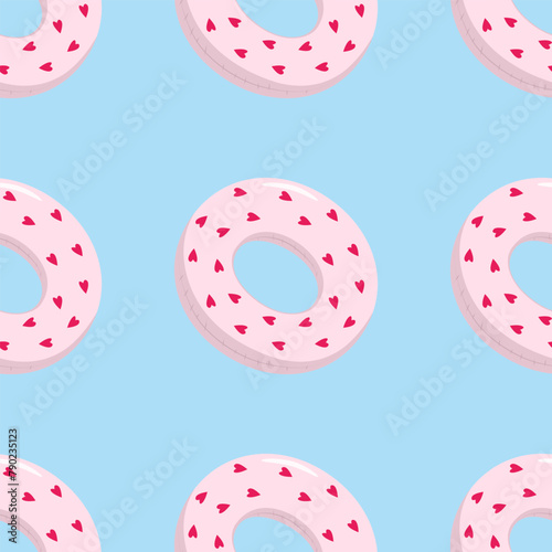 Seamless pattern with swimming circle Cartoon summer elements, travel, beach, summertime accessory. Cocktails, ice cream and exotic fruits vector illustration set. Palm and serfing board. Umbrella and