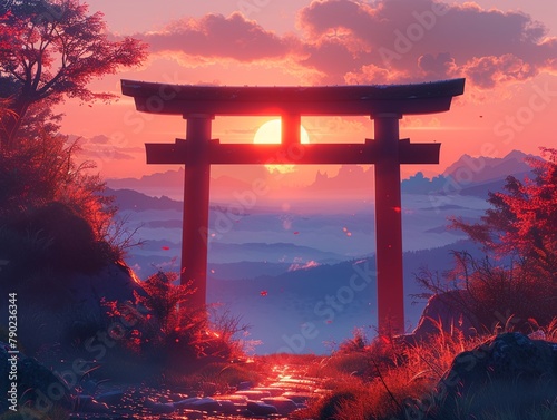 Cartoon Shinto shrine gate Torii at sunrise, spiritual and peaceful, sacred mountain background