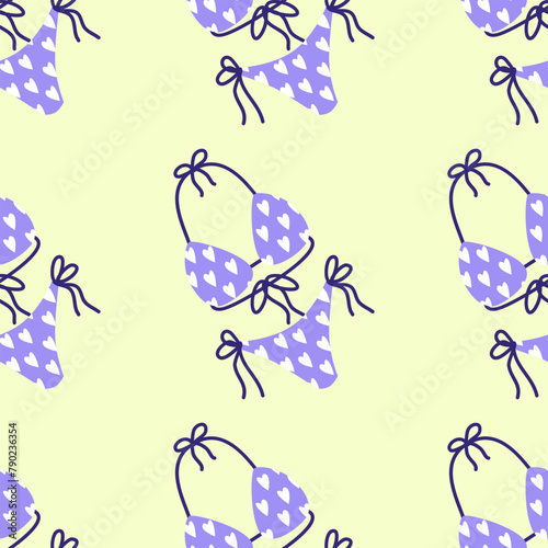 Seamless pattern with swimsuit as Cartoon summer elements, travel, beach, summertime accessory. Cocktails, ice cream and exotic fruits vector illustration set. Palm and serfing board. Umbrella and