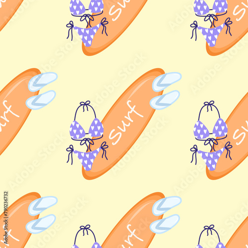 Seamless pattern Cartoon summer elements, travel, beach, summertime accessory. Surf desk, swimsuit and slippers vector illustration set. Palm and serfing board. Umbrella and sunglasses