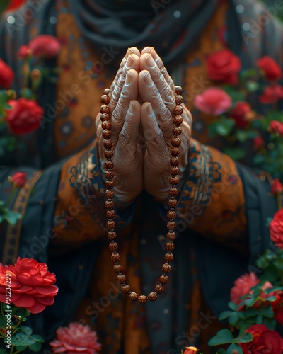 Hands clasped in prayer, holding a rosary, with a softfocus church interior in the background