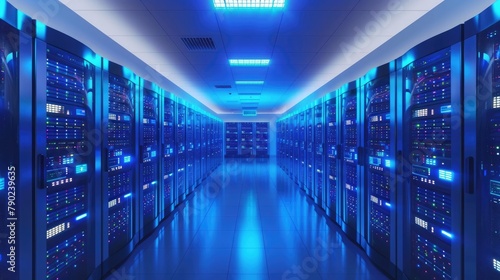 Digital data center: 3D visualization of a high-tech server room with rows of servers and glowing blue lights, portraying the backbone of information technology. 3d backgrounds