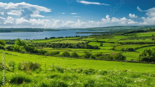 Bright Summer Farmland: Lush Green Fields and Lake in Irish Countryside