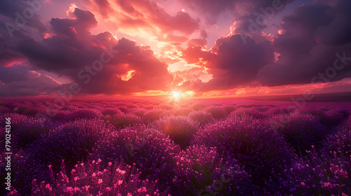 A vibrant sunset over a lavender field, the colors of the sky reflecting among the flowers, captured in a wide shot