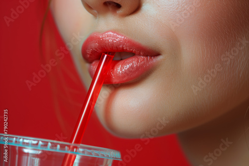 Close up of woman's mouth drinking with straw 